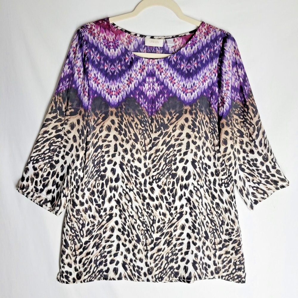 Chico's Womens Shirt Size Medium (8/10) Animal Print Top 3/4 Sleeve Lightweight
